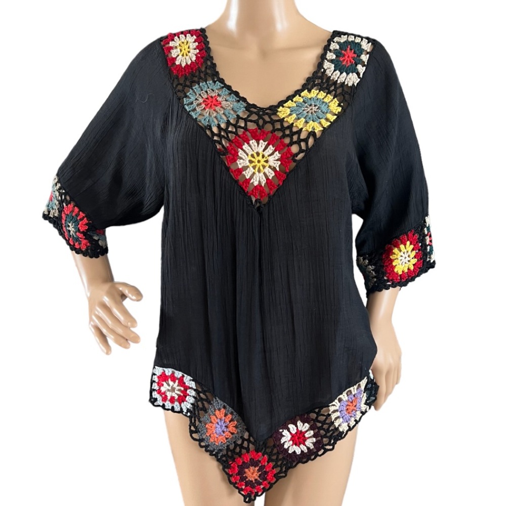 Asha Womens Crochet Trimmed Top Boho